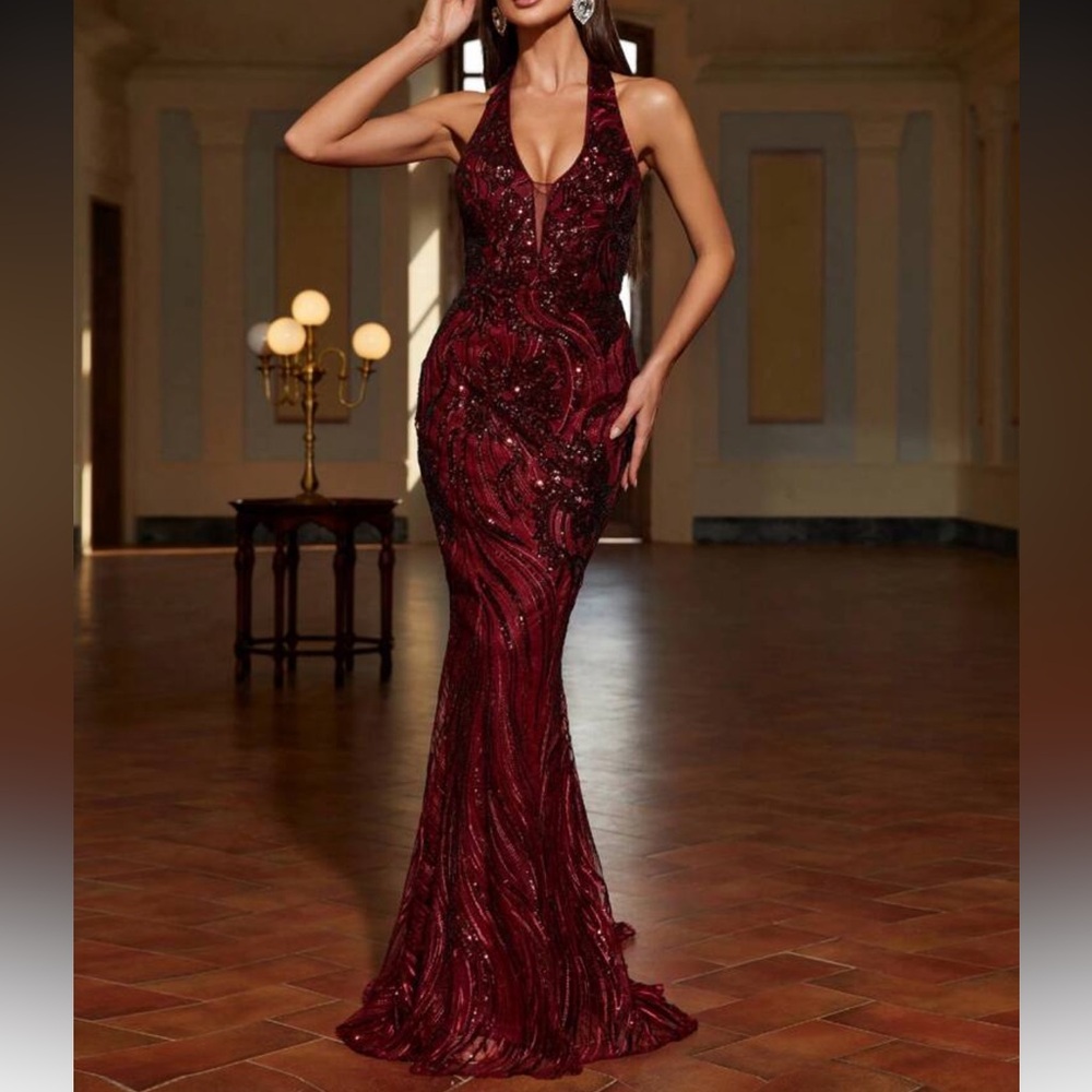 Luxe plunging V neck sequins mermaid hem party formal evening bridesmaids dress - Picture 5 of 6